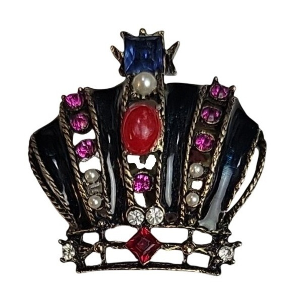 MCM Gold Tone Cabochon Rhinestone Enamel Pearl Royal Crown Brooch VTG SKUJ145